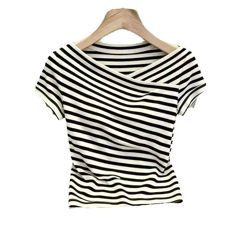 Kurzärmliges Strick-T-Shirt Vintage Gestreiftes T-Shirt Damenkleidung Sommer Eleganter Kühler Seiden-V-Ausschnitt Pullover Mode Lässige Schlanke Oberteile – Detail 6