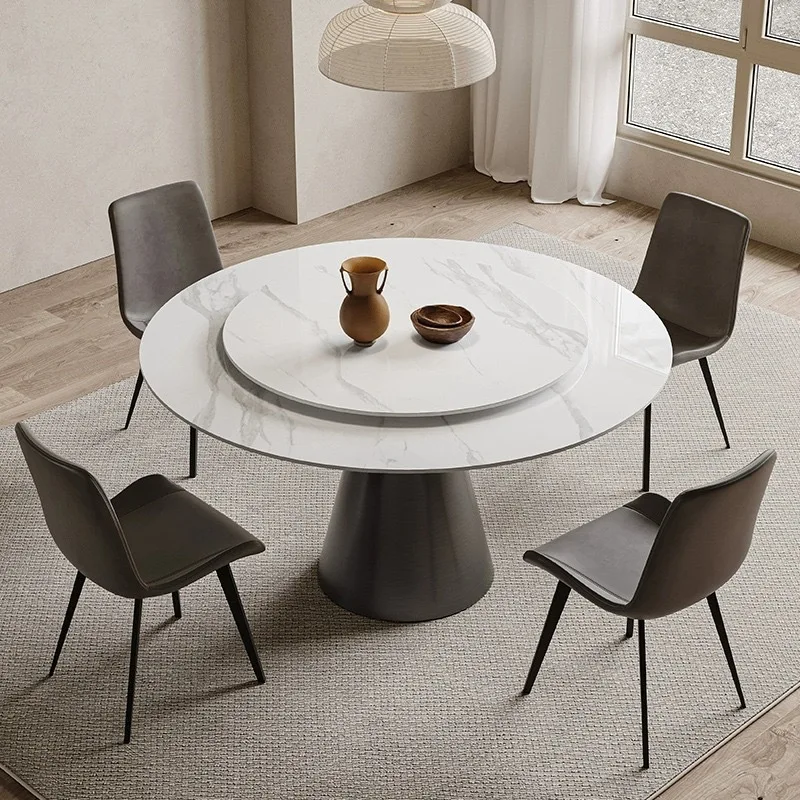 Italian minimalist rock slab round dining table with turntable light luxury home Pandora restaurant modern simplicity