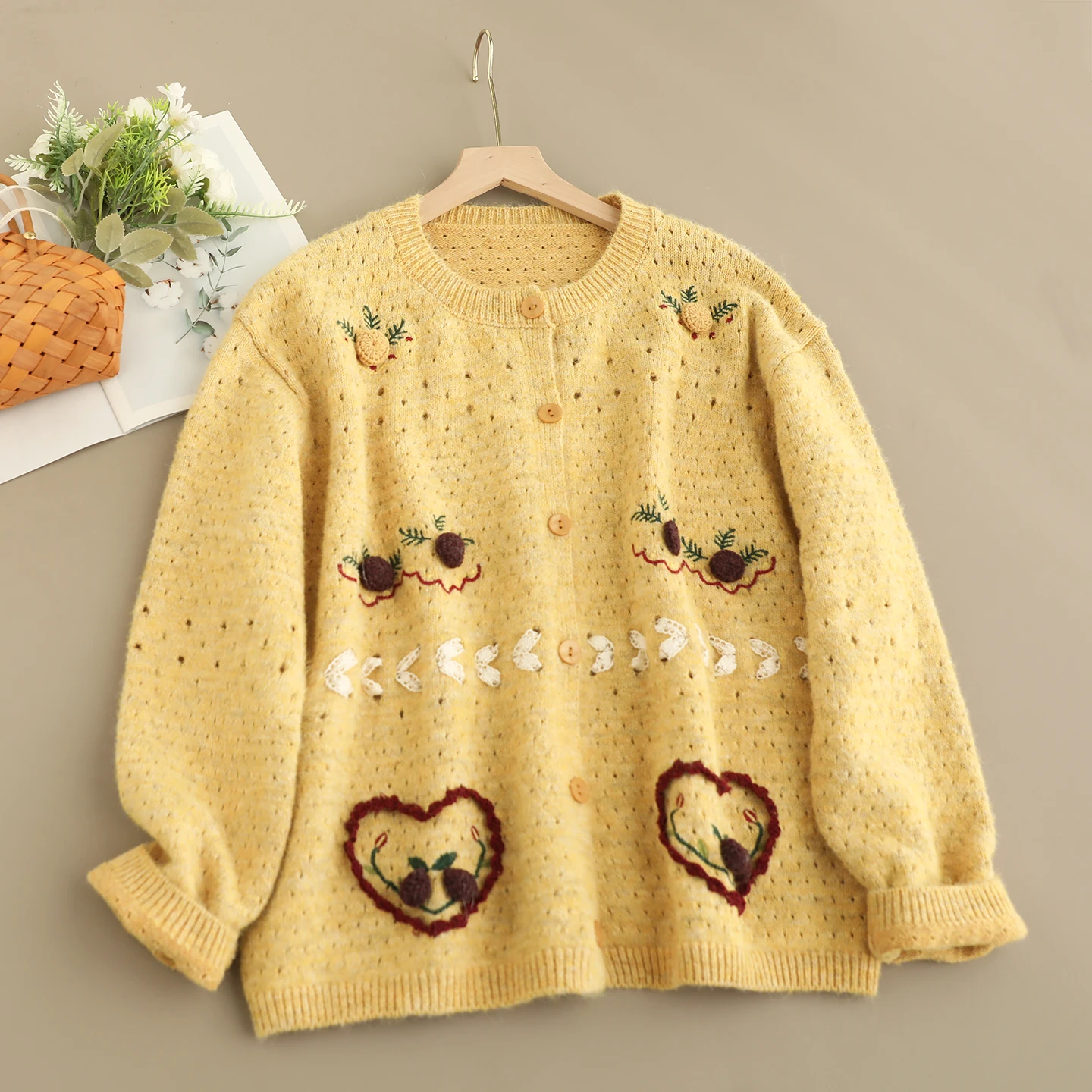 Japonais doux Mori fille 3D coeur cerise Appliques broderie tricoté pull Cardigan femmes automne col rond à manches longues vêtements d'extérieur