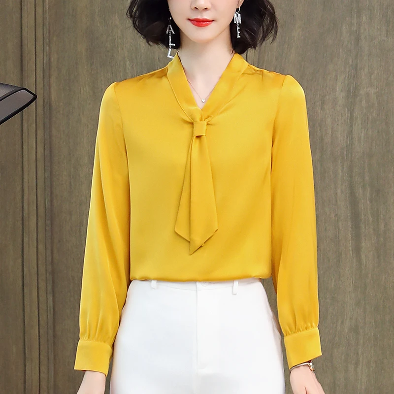 

New Elegant Office Lady Work Shirts Fashion Bow V-neck Long Sleeve Women's Blouses Solid Woman Real Silk Blouse Female Shirt