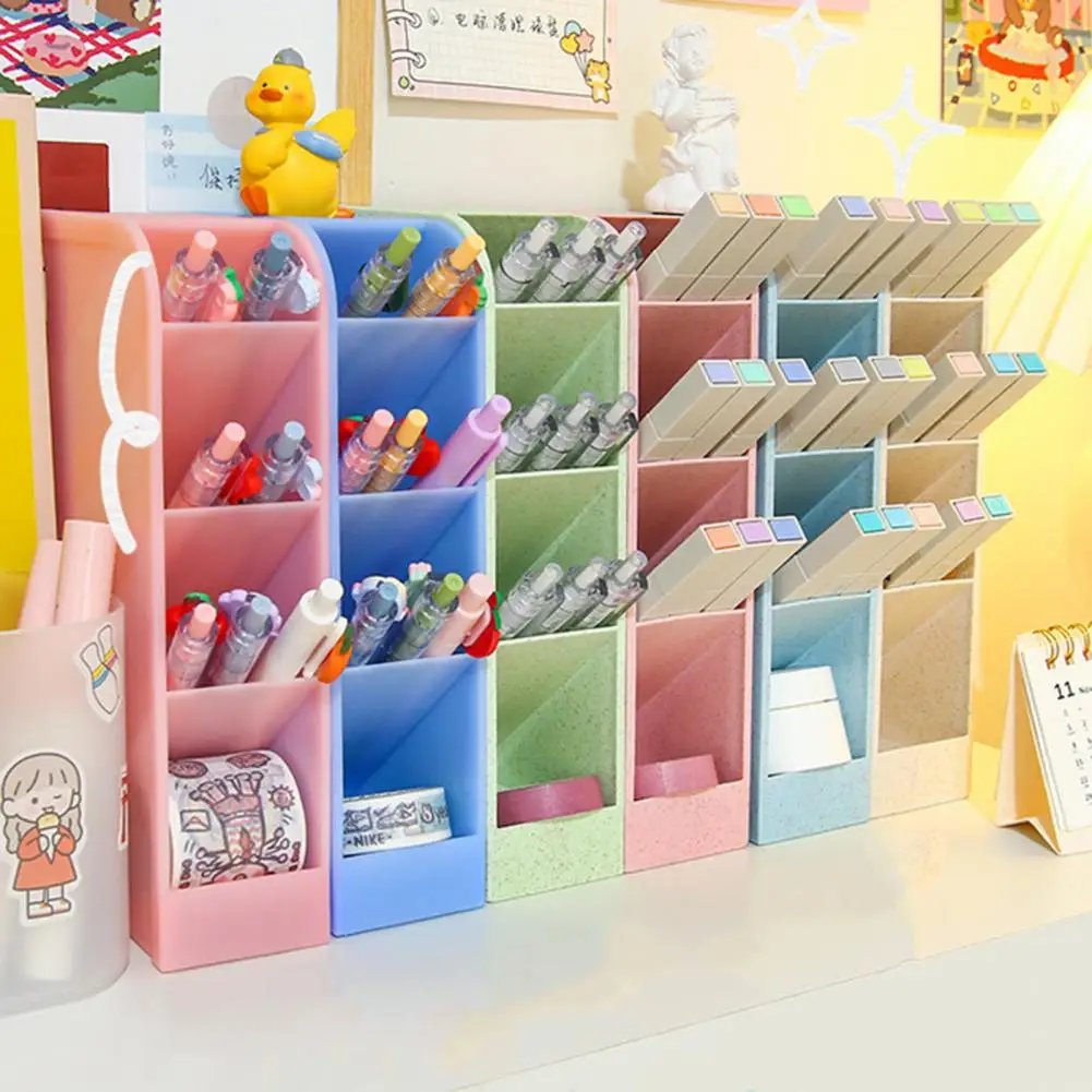 Standing Desk Pen Holder, Organização de papelaria, Caixa de armazenamento de lápis e maquiagem, 4 grades, Polonês maçante, Em pé