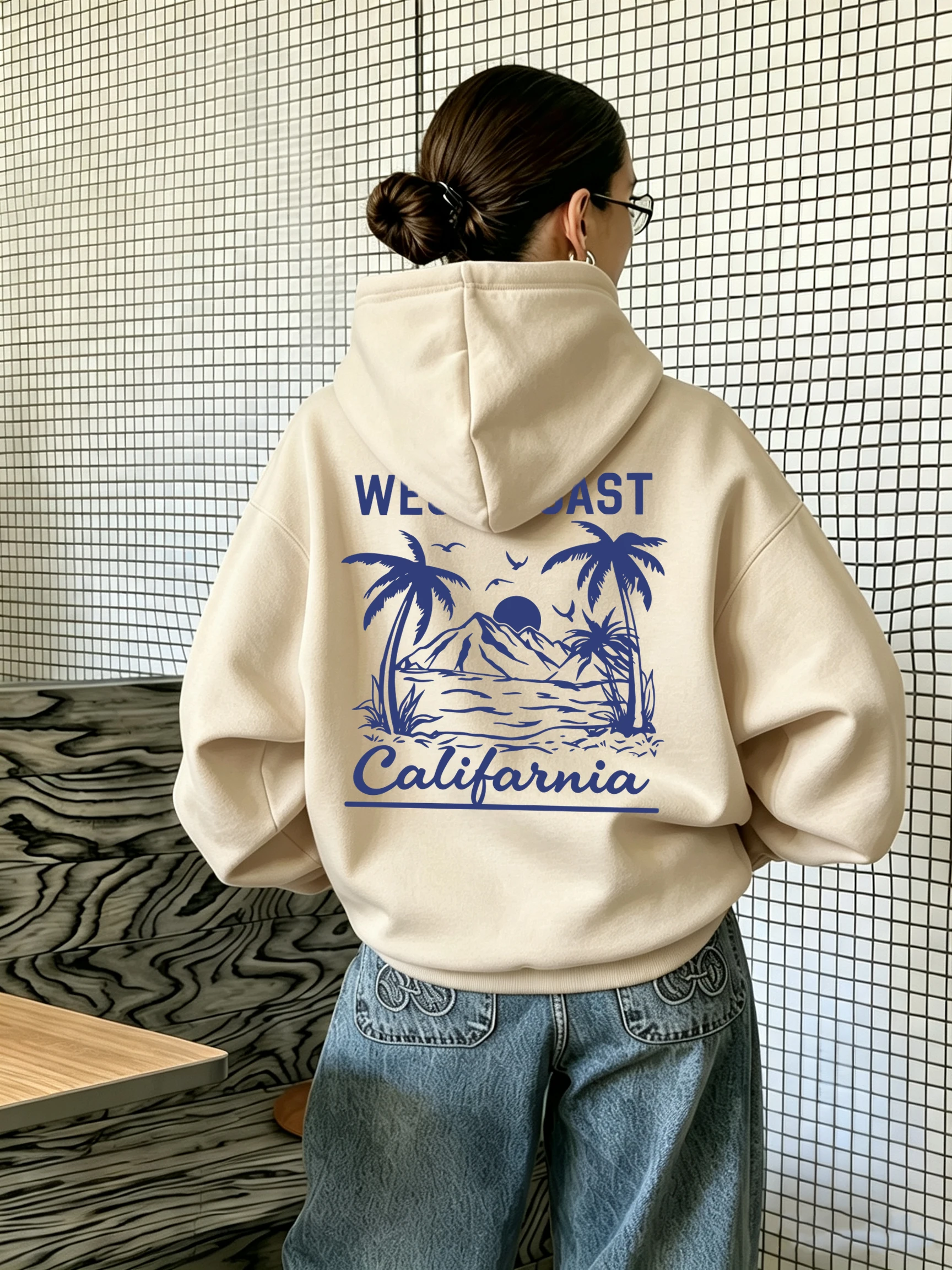 Sudadera con Capucha Deportiva y Transpirable para Mujer, con Estampado de Palmeras de Coco de la Costa Oeste de California, de Manga Larga, Combinable con Todo, Estilo Hip Hop Urbano