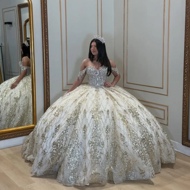 

Customized Shiny golden Quinceanera Dresses Off the Shoulder glitter crystal applique Bow Long tail Vestido 15 Quinceanera