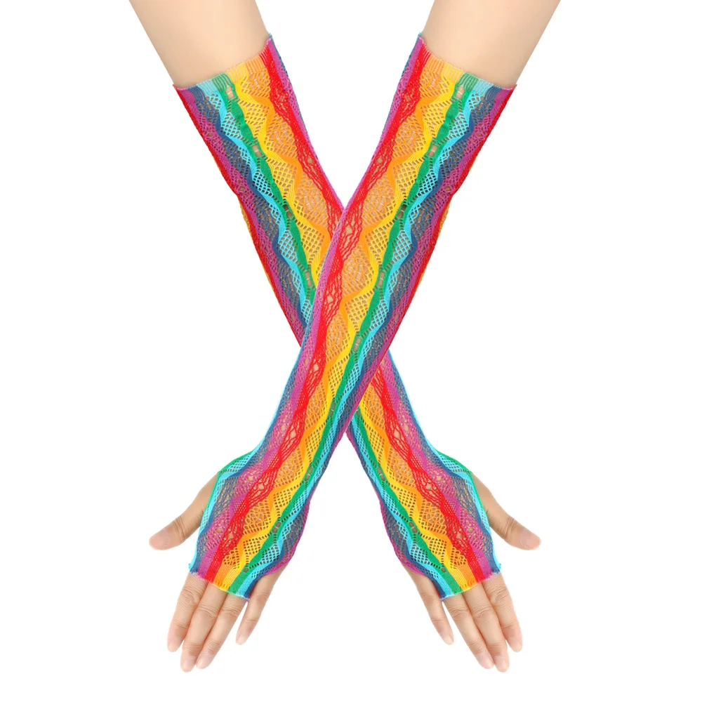 Maniche lunghe elastiche in rete colorata arcobaleno Guanti lunghi intrecciati in rete colorata per feste da ballo