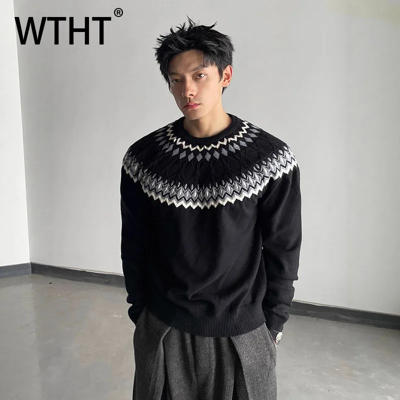 WTHT модные мужские полосатые контрастные свободные футболки с цветовым дизайном, модные топы с круглым вырезом и длинными рукавами Mlae, осень 2021, 2A2026