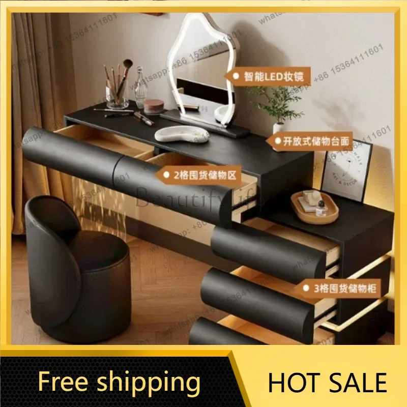 LDBlack Luxury Makeup Modern Vanity Table 3 Drawers Storage Decor Aesthetic Dressing Table Light Mirror  Bedroom Furniture