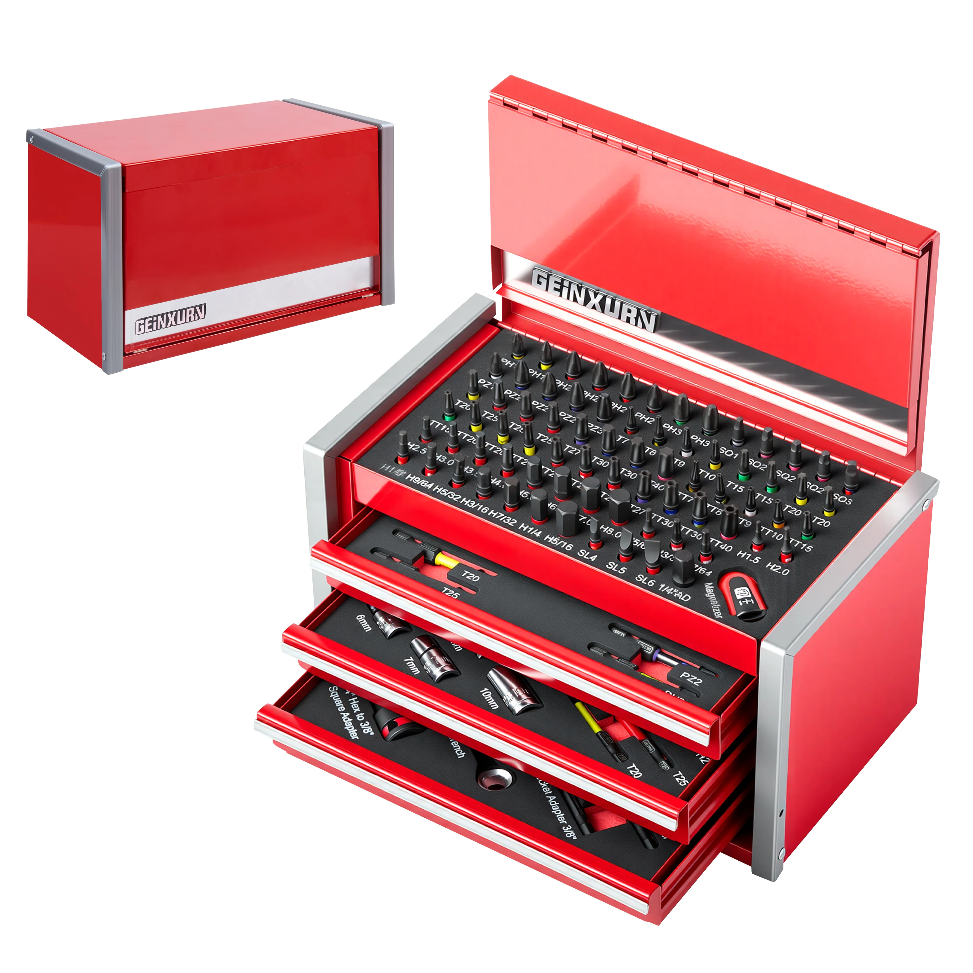 Conjunto de Ferramentas Geinxurn, Caixa de Ferramentas Vermelha de Alta Resistência com 4 Gavetas, Soquete Profissional para Reparos Automotivos e Manutenção Doméstica