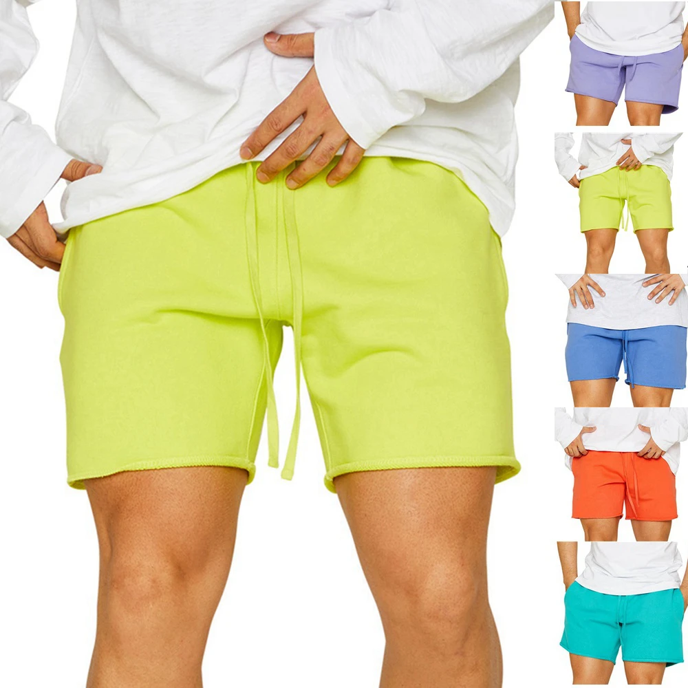 Mens Cotton Fitness Shorts Summer Three-point Length Gym Sports Training Running Male Bright Color Hip Hop Shorts Ruched