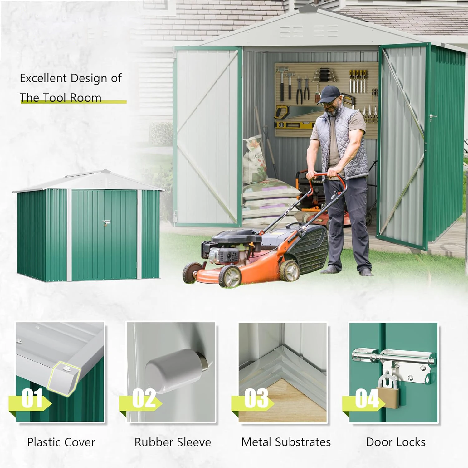 

Outdoor Storage Shed 6 x 8 ft. Utility Tool Shed Metal Storage Garden Shed with Door & Lock for Patio Storage, Green