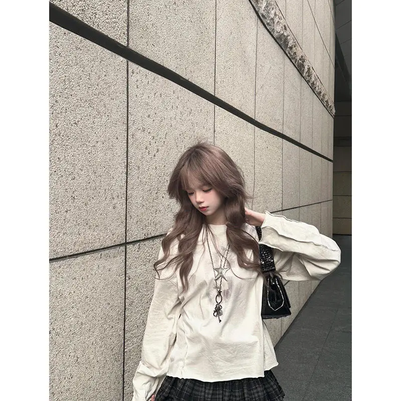 Pure Desire Spice Girl Splicing T-shirt met lange mouwen Dames Herfst Luie stijl Ontwerp Losse eenvoudige top Taartrok Tweedelige set