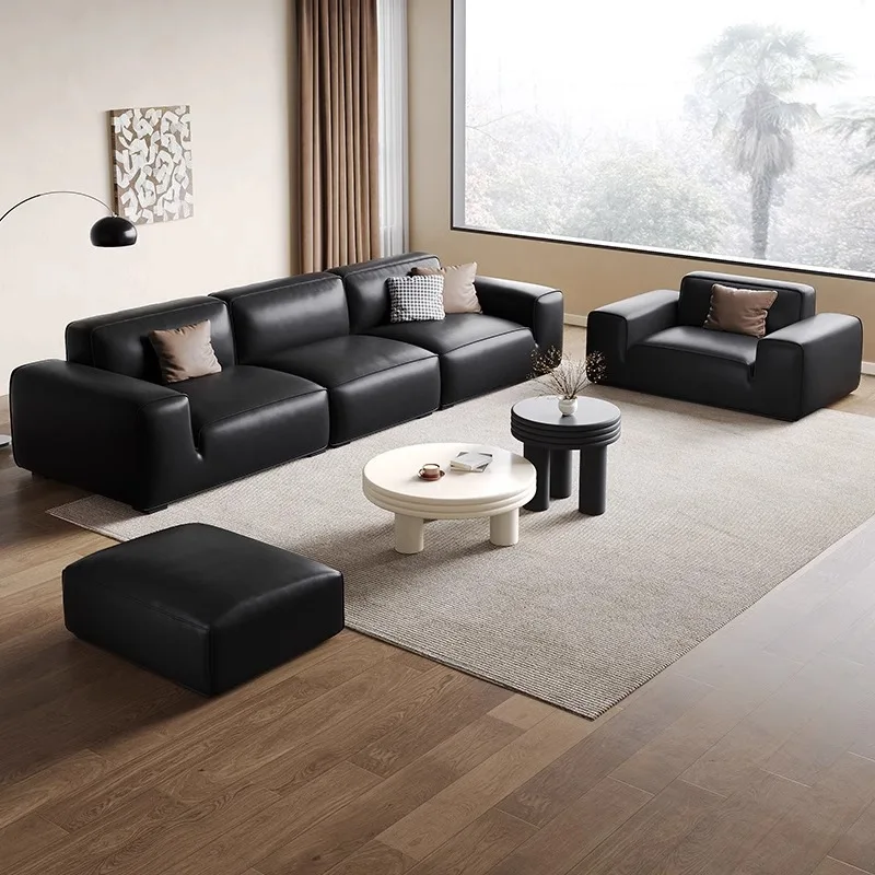 

Italian minimalist villa living room leather big black cow sofa small apartment tofu block combination straight row three-person
