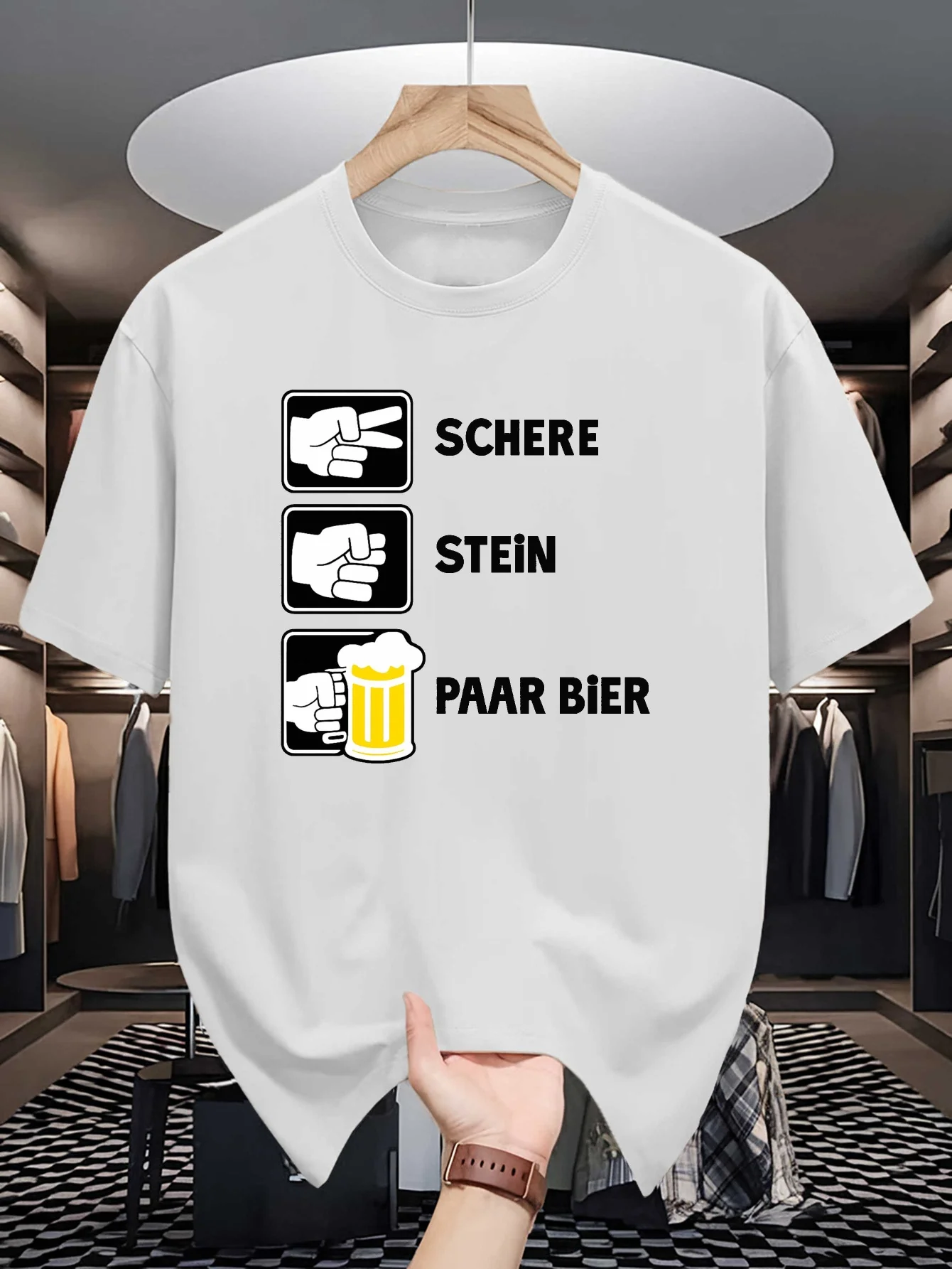 German Bar Humor Schere Stein Paar Bier Print Mens Crew Neck T Shirt Hand Symbol Beer Cup Graphic Short Sleeve Cotton Street Tee