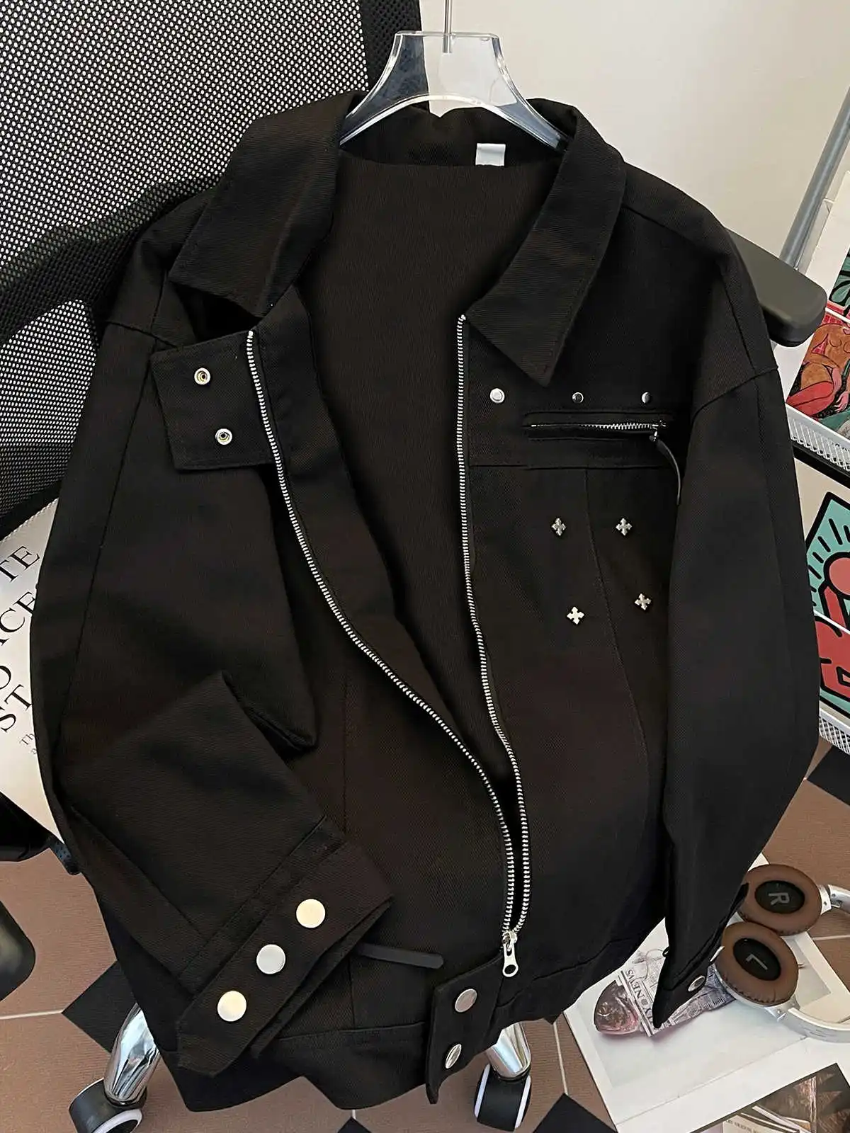 

Women Black Gothic Autumn Jacket Coat Vintage Harajuku 90s Aesthetic Long Sleeve Bomber Coats Loose Outerwear 2000s Emo Clothes