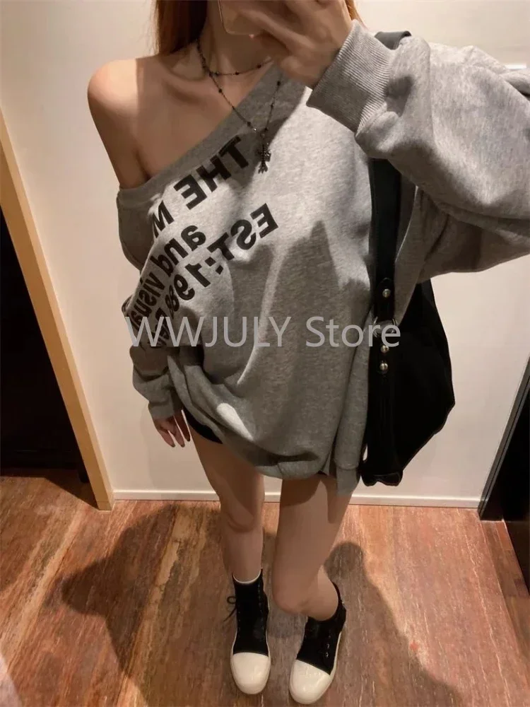 Woman American Vinrage Grey Street Sweatshirt Y2k Letter Printing Long Sleeve Casual Warm Oversize Baggy Ladeies Tops Autumn