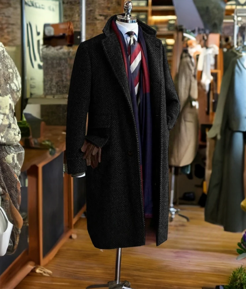 

Винтажное мужское длинное пальто-тренч в елочку, однобортное, с отложным воротником, теплое, осенне-зимнее, повседневное, для поездок на работу, ветрозащитное