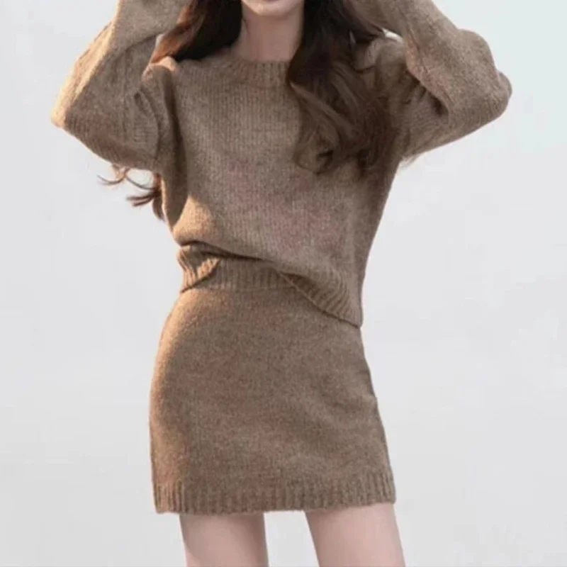 Spring and Autumn Knitted Sweater Set Women's Casual O-Neck Pullover Top Basic Versatile Short Skirt Thin Sweater Two-piece Set