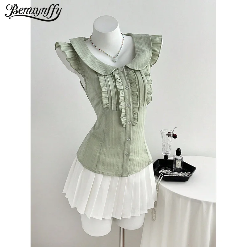

Benuynffy Peter Pan Collar Frill Trim Sleeveless Shirt Women Summer 2026 Sweet Slim All-match Female Button Down Blouses Tops