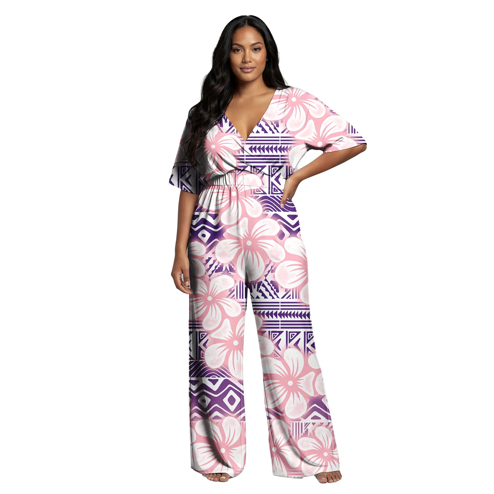 Hawaiian Print Custom Lady V-neck Playsuits Samoan Beach Ladies Plus Size Romper Polynesian Island Design Cozy Women's Jumpsuit