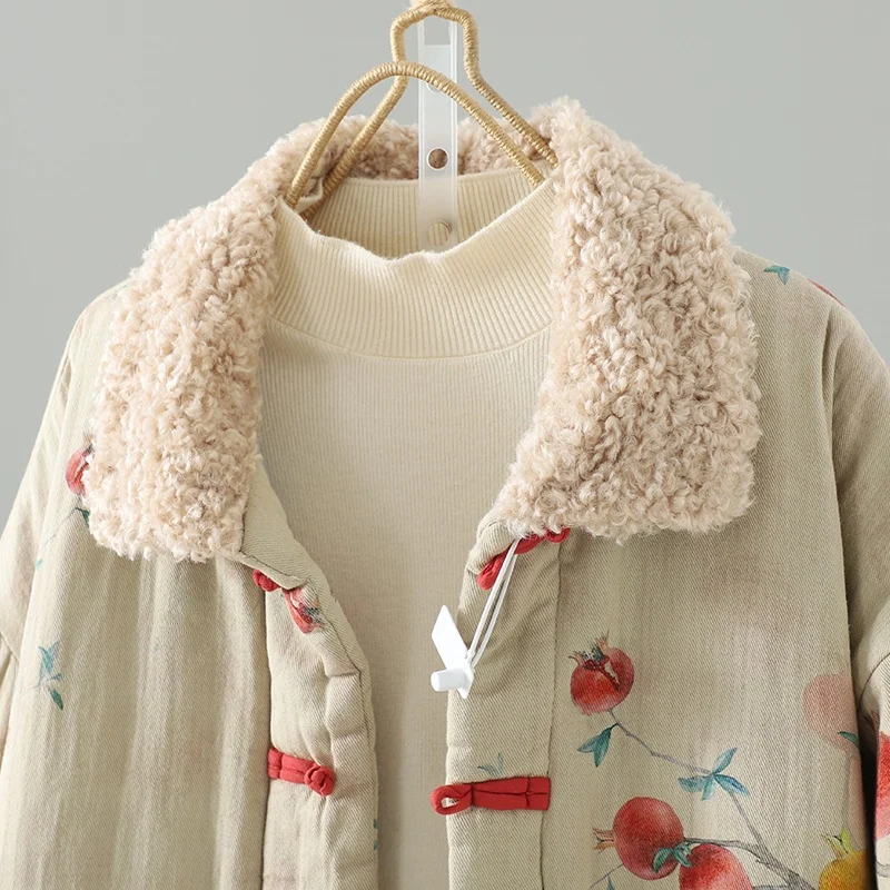 Winter New Chinese Style Cotton Jacket Women's Warmth Long Floral Print  Collar Thickened Cotton Coat for Commuting