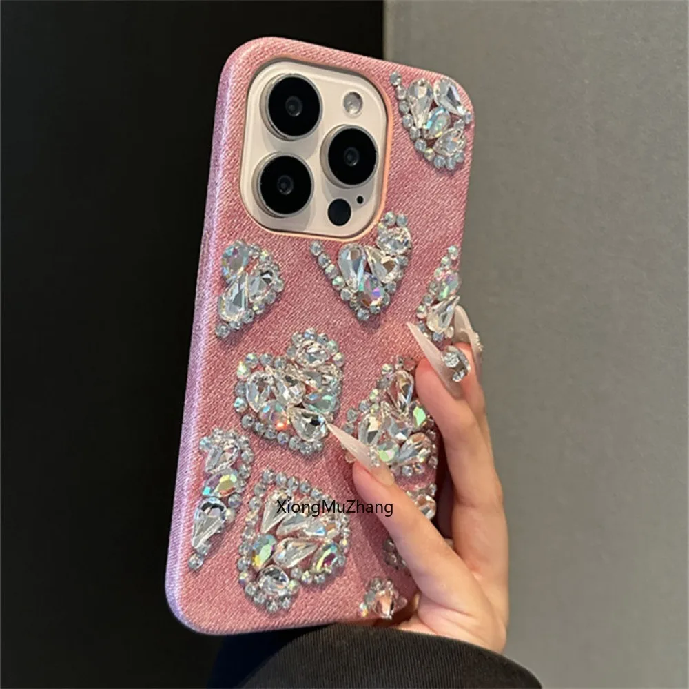 Pink Stylish Retro Denim Fabric Shockproof Protective Case for IPhone 15 14 13 12 Pro Max 11Pro XS Max Diamond Love Custom Cover