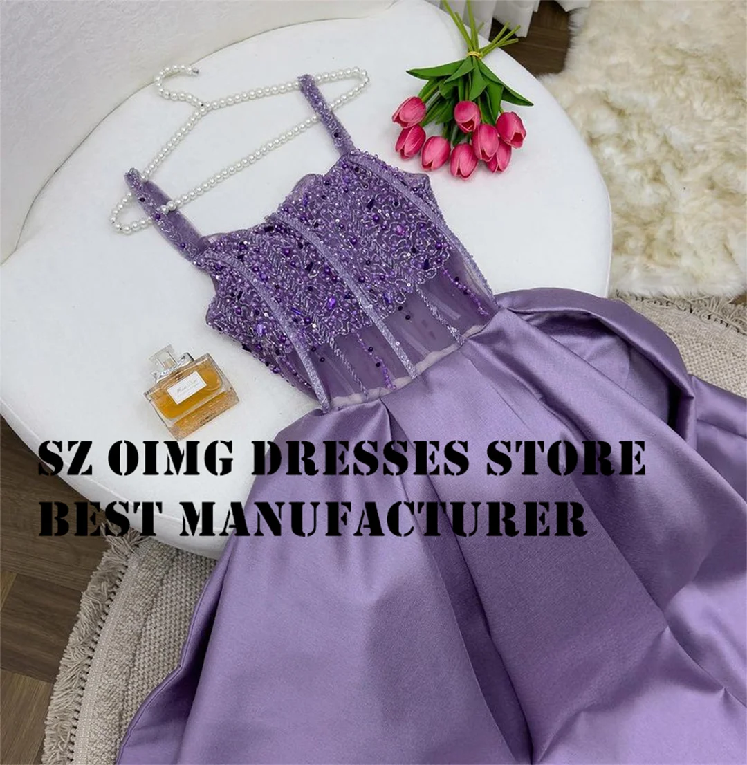 OIMG Elegant Spaghetti Straps Prom Dresses Sleeveless Purple Beading Backless Satin Women Evening Gowns Formal Party Dress