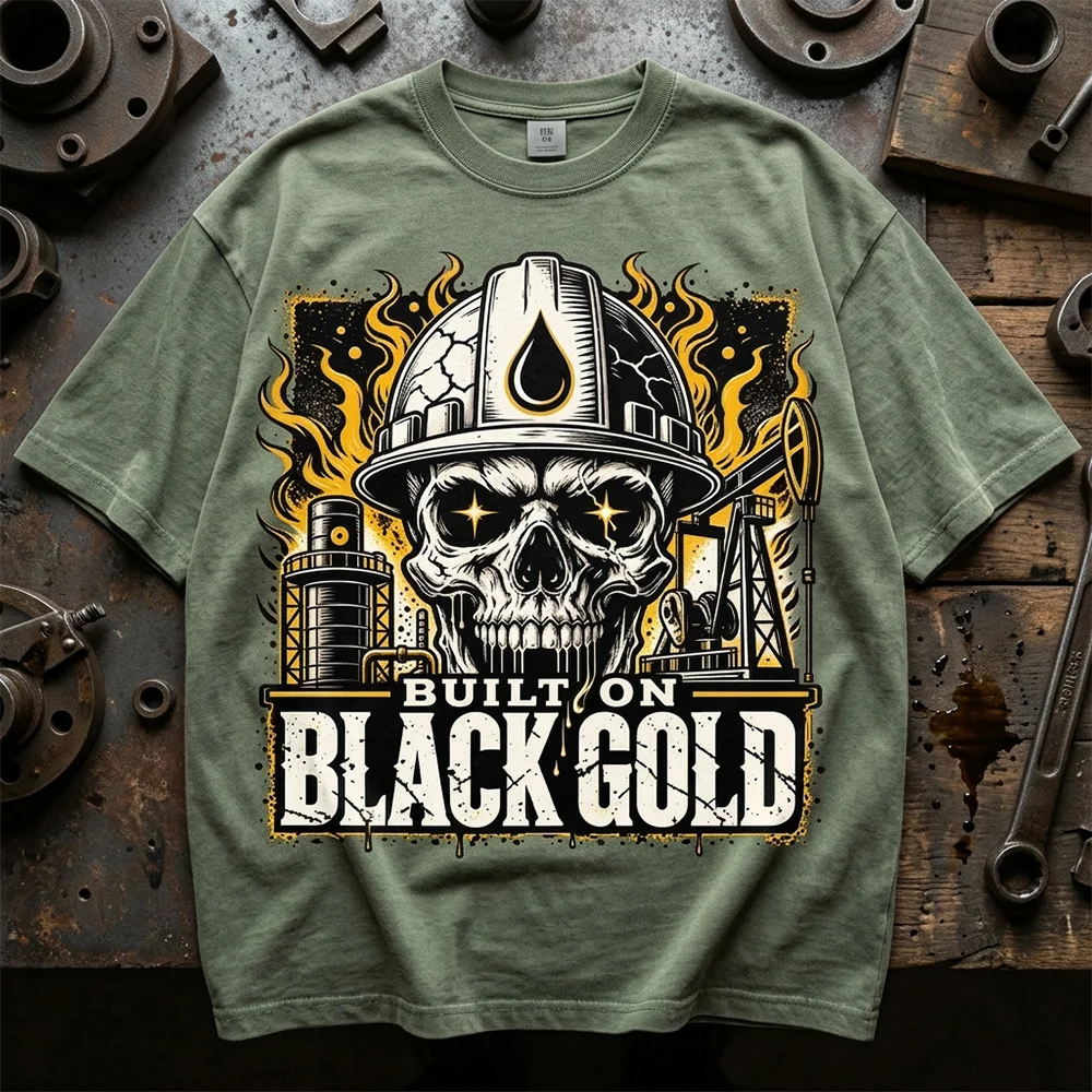 Men T Shirt Built On Black Gold Skull Oilfield Worker Graphic Print Short Sleeve Vintage Washed Cotton Casual Loose Tee Tops