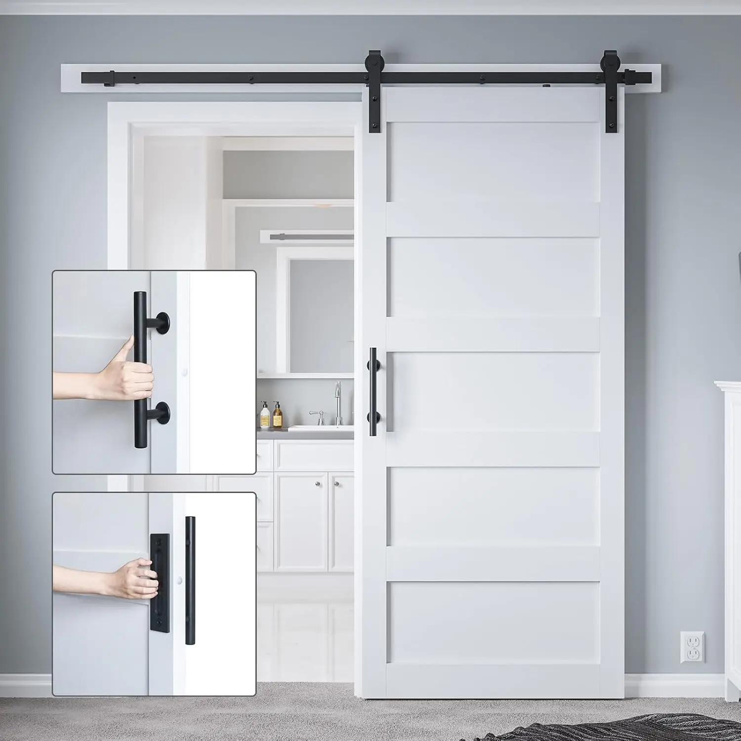 Handle, Pre-Drilled Holes Easy Assembly -Solid Barn Door Slab Covered with Water-Proof PVC Surface, White, 5 Panel