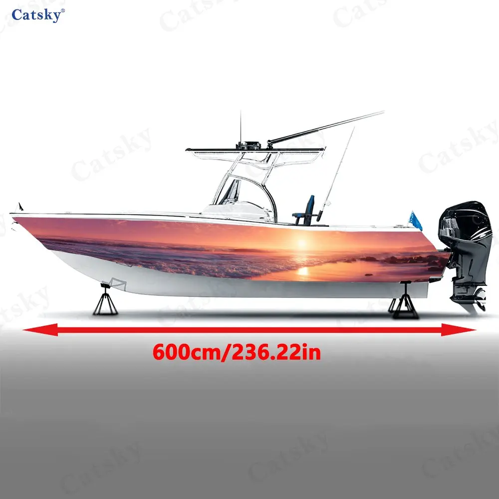 Realistic Pink-Purple Sunset Coast Boat Stickers, PVC Waterproof Vinyl Wrap Decals for Fishing Boats, Durable and Stylish Design