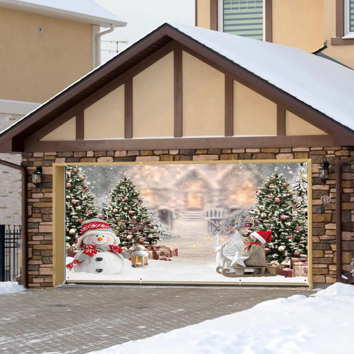 Winter Garage Door Banner Decoration Backdrop Snow Pine Trees Snowman Christmas Party Home Yard Wall Large Hanging Background