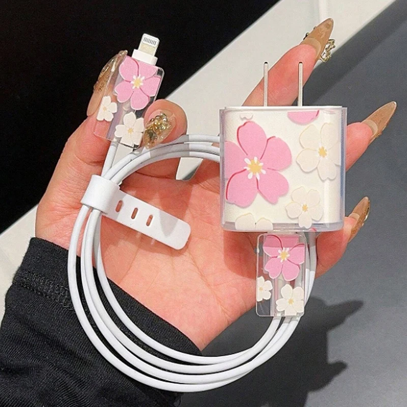 Transparent Flowers For 18/20w Charger Protective Case Is Applicable To 16/15/14/13 Data Cable Head Bite Protector Shell