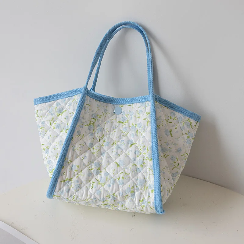 Quilted Patch Work Cotton Shopping Bag Reversible Small Floral Hand Bags Large Capacity For Women