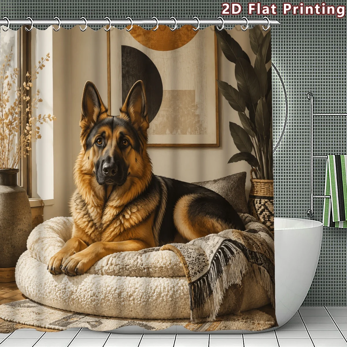 Realistic German Shepherd Dog Portrait Shower Curtain Waterproof Bathroom Decor Pet Lover Gift Art Print