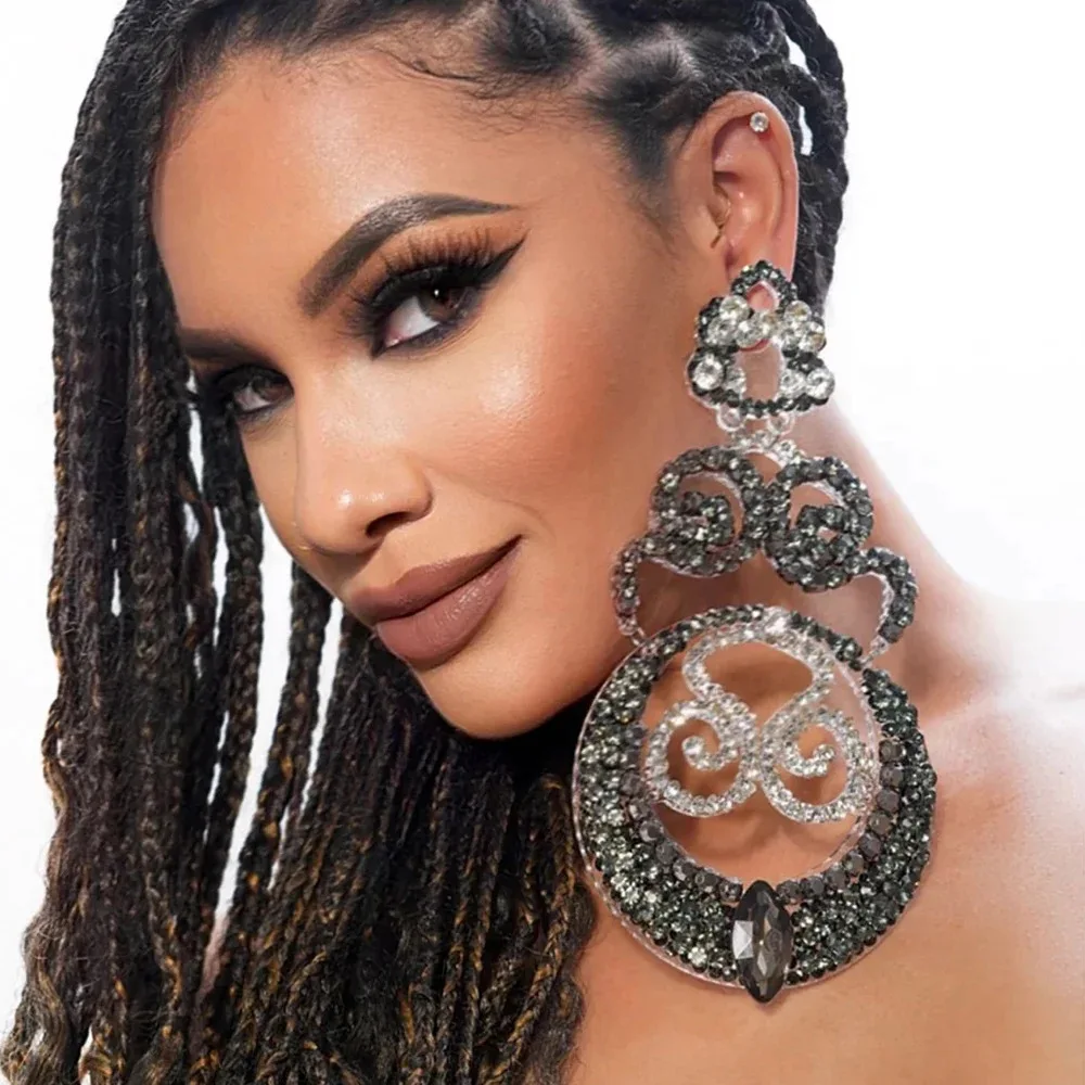 

Exaggerated Geometric Earrings Black Rhinestone Unique Luxury Designer Vintage Fashion Statement Accessories for Women Jewelry