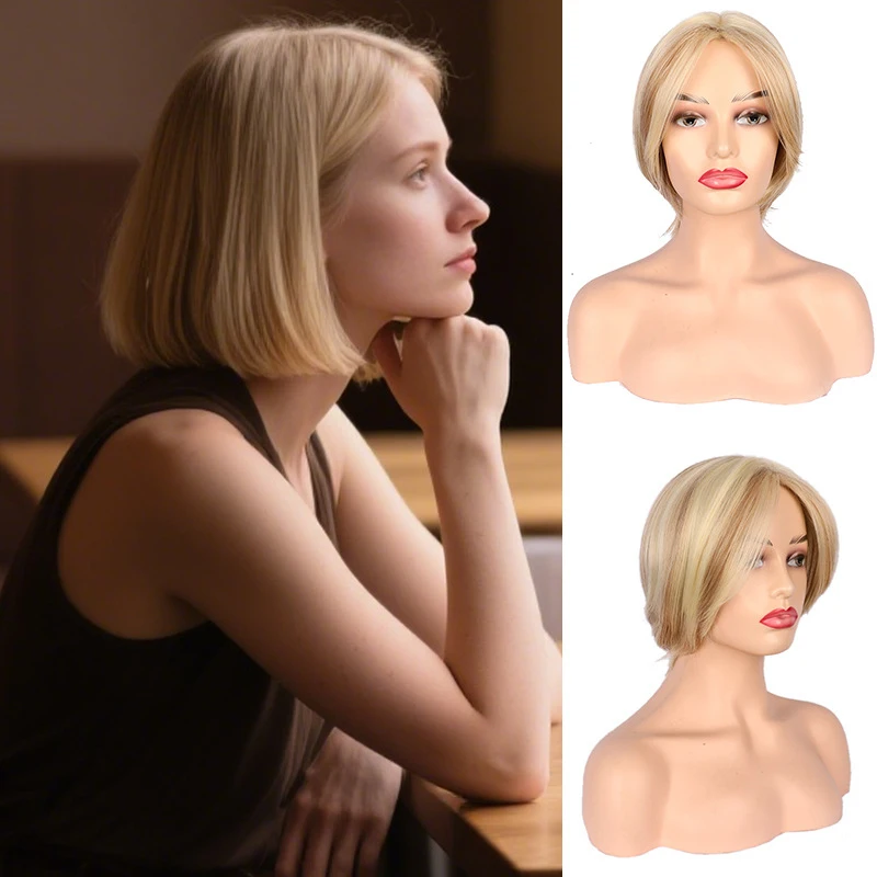New style women's , European and American fashion, light golden short straight hair, fluffy synthetic fiber full head wig