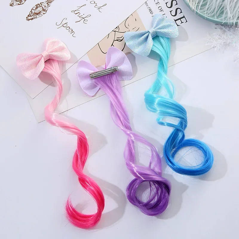 1 Piece Glitter Candy Color Wig Ponytail for Girl Sweet Princess Shiny Bow Wig Braided Hairpin Cute Kids Hair Styling Headwear