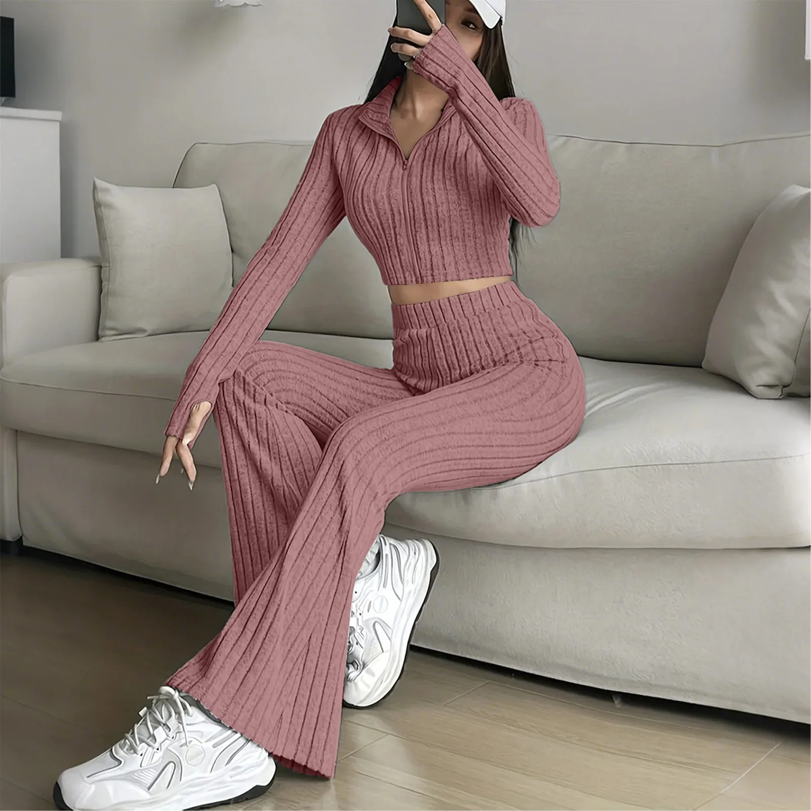 Fashion Women Outfits Ribbed Zipper Up Short Top With High-waisted Flared Pant 2 Piece Sets Women Casual Baggy Tracksuit