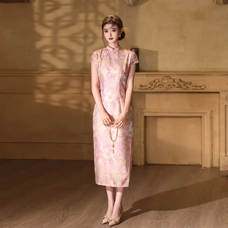 Pink New Chinese Style Long Modified Cheongsam 2027 New Young Style Women's Daily Spring and Summer Qipao Dress