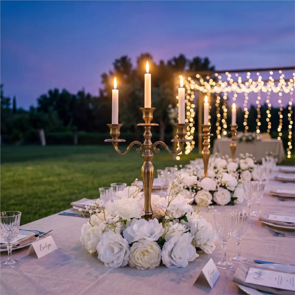 Uflower White Hydrangea Babybreath Rose Wreath Wedding Table Centerpiece Candlestick Decor Garland Flower Wreath Party Props