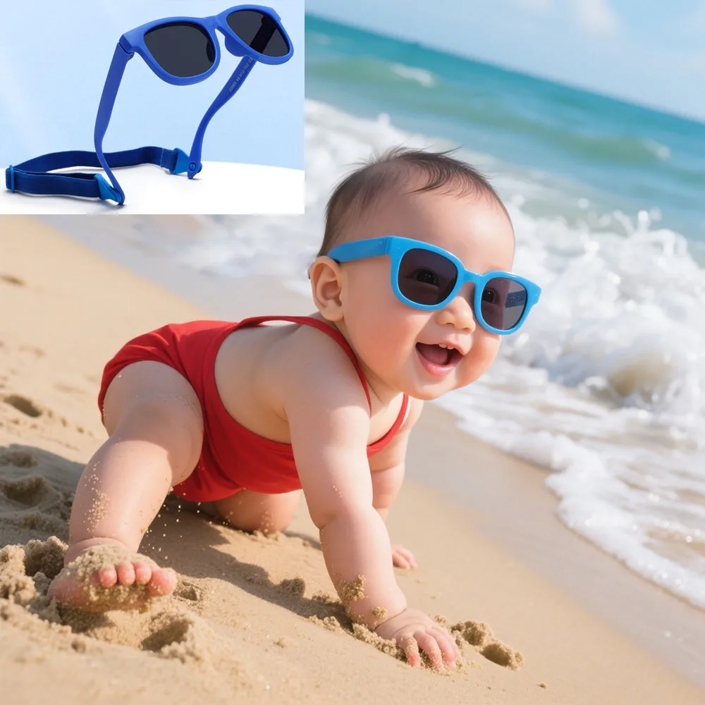 0-24 Months Newborn Baby Bendable Flexible Polarized Sunglasses with Strap Infant Boy Girls Square Silicone Frame Mirrored UV400
