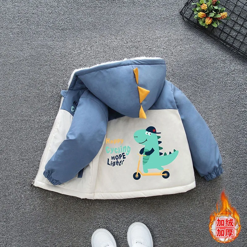 Winter Add Velvet Thick Warm Jackets Boys Cartoon Dinosaur Coat Sports Casual Windbreaker Outerwear Kids Christmas Clothes New