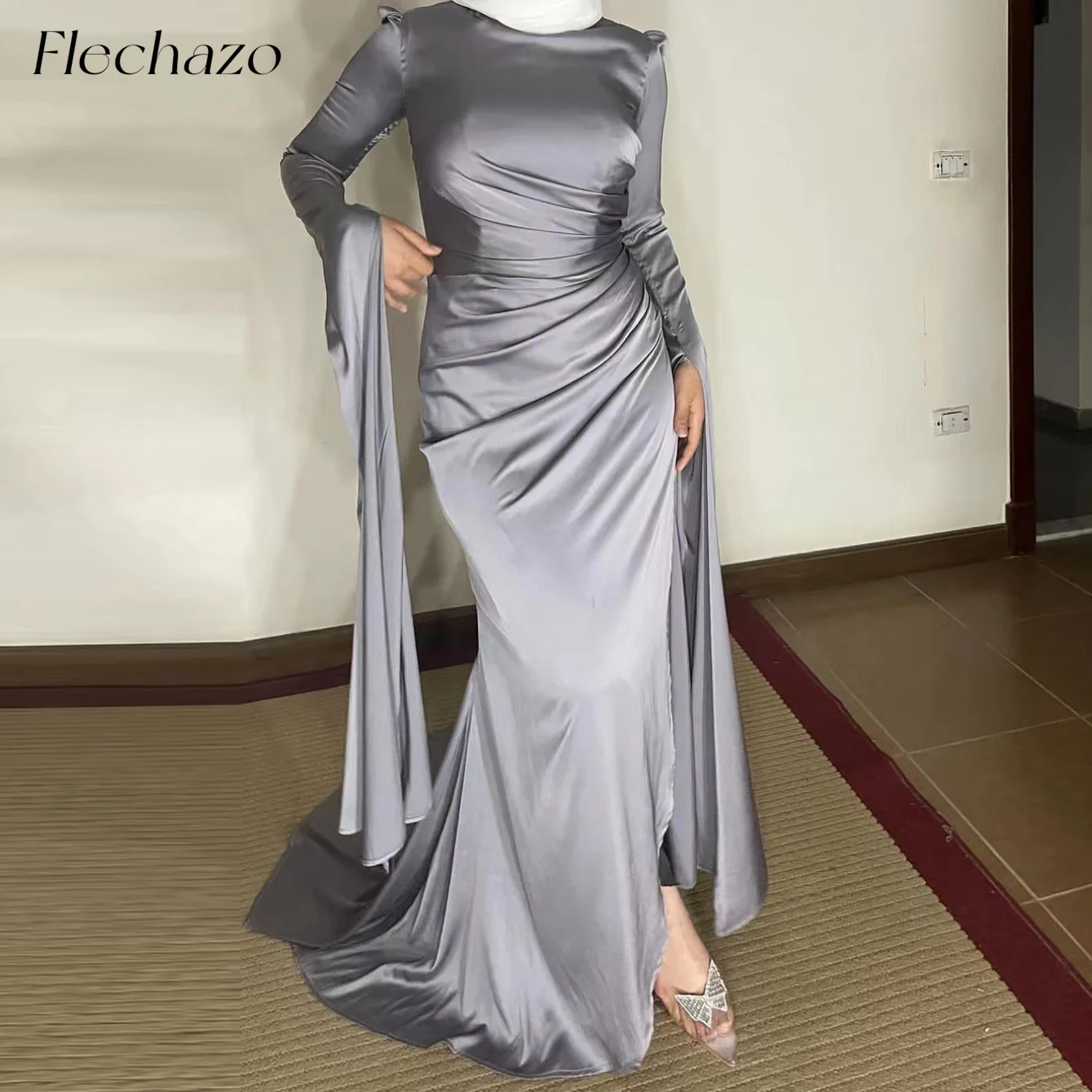 Flechazo Satin Evening Dresses O Neck Full Sleeves Formal Occasion Muslim Dress For Women 2024 vestidos de gala شارون سعيد