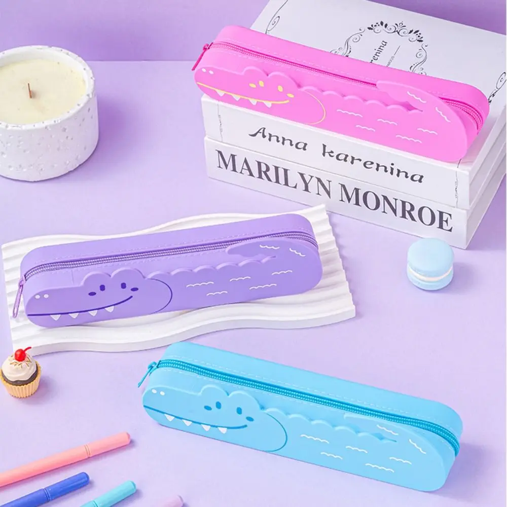 Desktop Organizer Crocodile Shape Pencil Case Silicone Cartoon Stationery Box Portable Waterproof Storage Bag Children