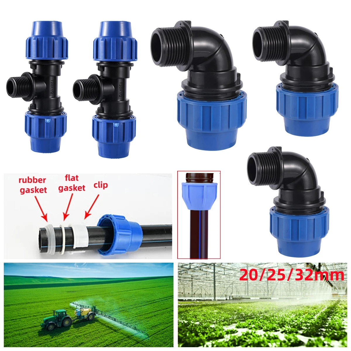 

20/25/32 мм полиэтиленовая труба, быстрый соединитель 1/2 дюйма, 3/4 дюйма, 1 дюйм, тройник с наружной резьбой, угловой ремонт, соединение для орошения сада, водоснабжение сельскохозяйственных угодий, 1/5 шт.