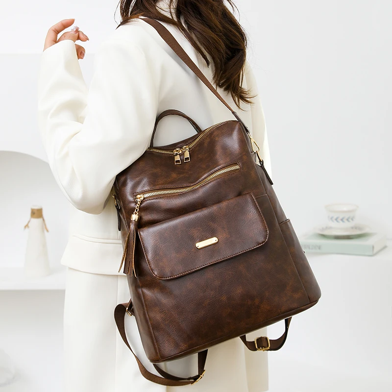 حقيبة ظهر نسائية عصرية من البولي يوريثان بسيطة بلون سادة وقابلة للتحويل للسفر مع حقيبة كتف كاجوال متعددة الاستخدامات بسعة كبيرة