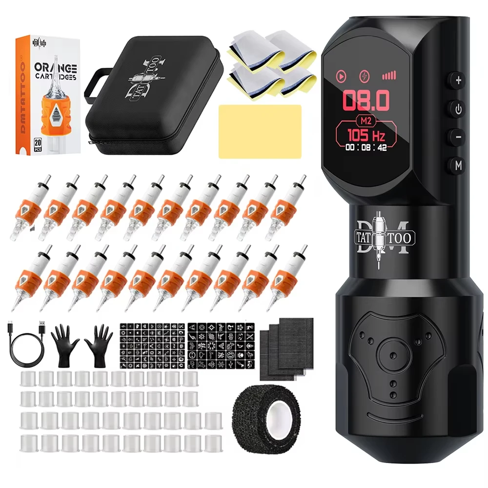 DM Red-dragon Wireless Tattoo Pen Color Screen Digital Display Permanent Makeup Tattoo Machine Kit with 4.0 Stroke Tattoo Gun