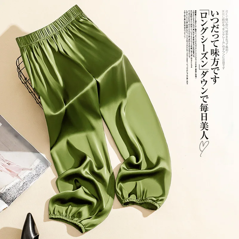 Summer Cool Ice Acetate Silk Bloomers Pants for Women & Men Loose Satin Knickerbockers Green Satin Pants for 150-169cm Tall