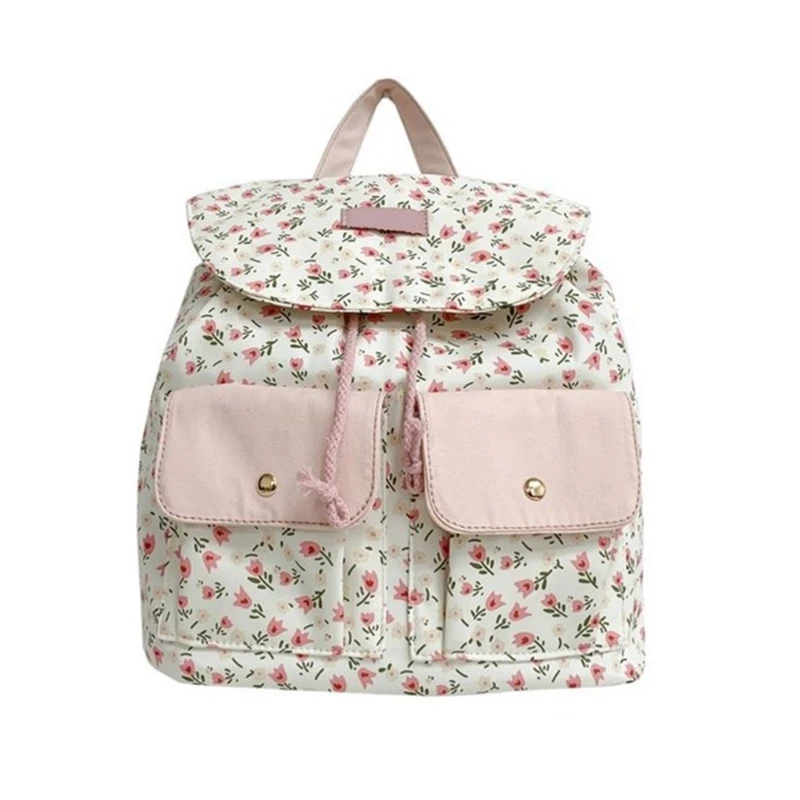 Sweet Floral Nylon Backpack for Women Girls Casual School Bag with Double Pockets and Top Flap Small Shoulder Daypack