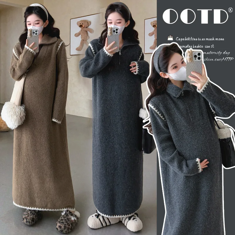 Maternity Dress 2026 Winter Soft Comfortable Loose Simple Lazy Style Warm Lapel Straight Tube Long Dress For Pregnant Women