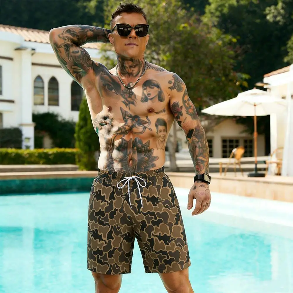 

Новые мужские плавки-шорты 2026 года с 3D-принтом, быстросохнущие, на шнурке, для пляжа и серфинга, повседневные, камуфляжные