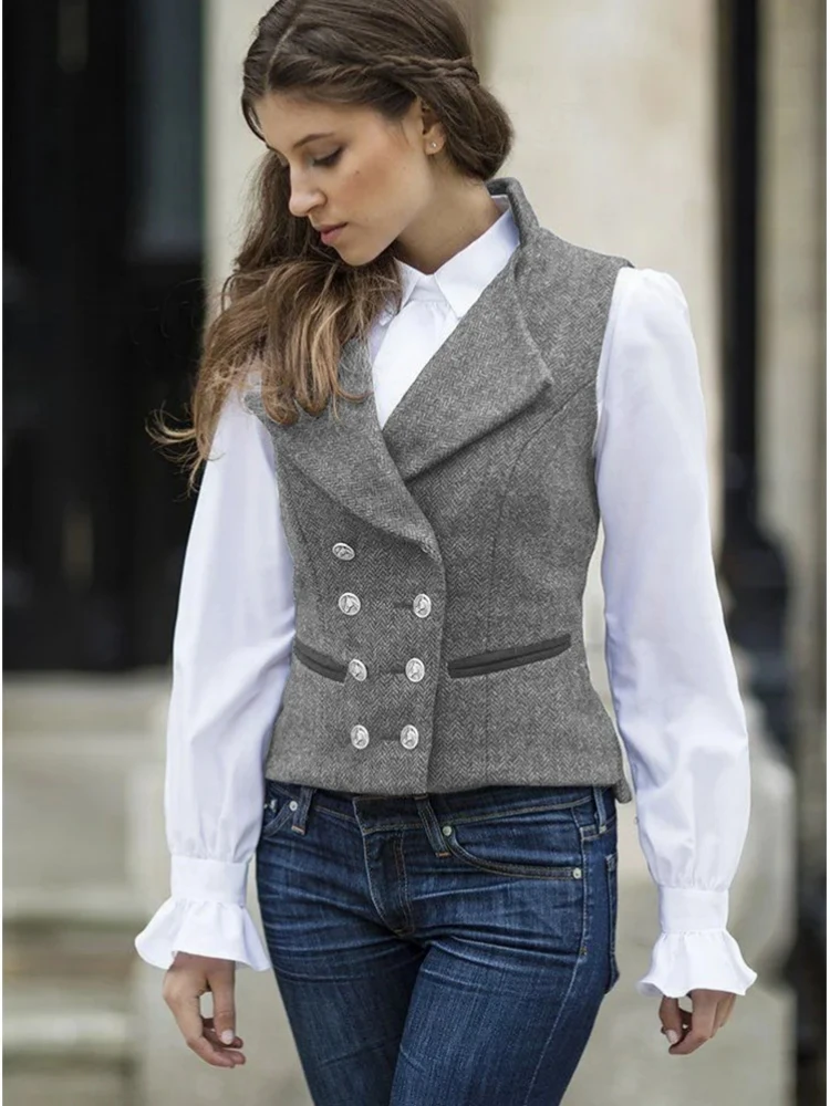 Women Vest Gray Fashion Vintage Herringbone Double Breasted Slim Fit Sleeveless Jacket Suits Profession Casual Work Vest Women